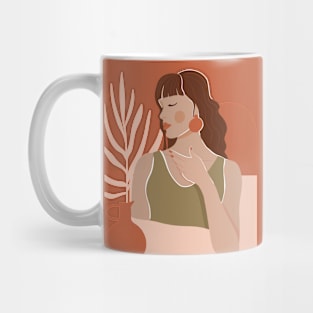 Abstract woman portrait, vase, palm leaf and geometric elements. Mid Century graphic portrait. Mug